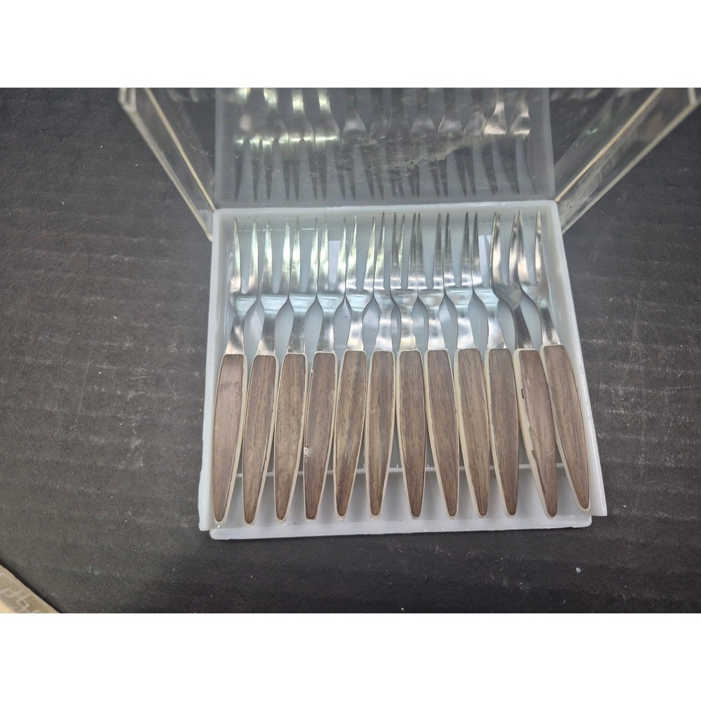 Vintage Action Industries 12 Cocktail Forks Stainless Woodgrain Japan 5202